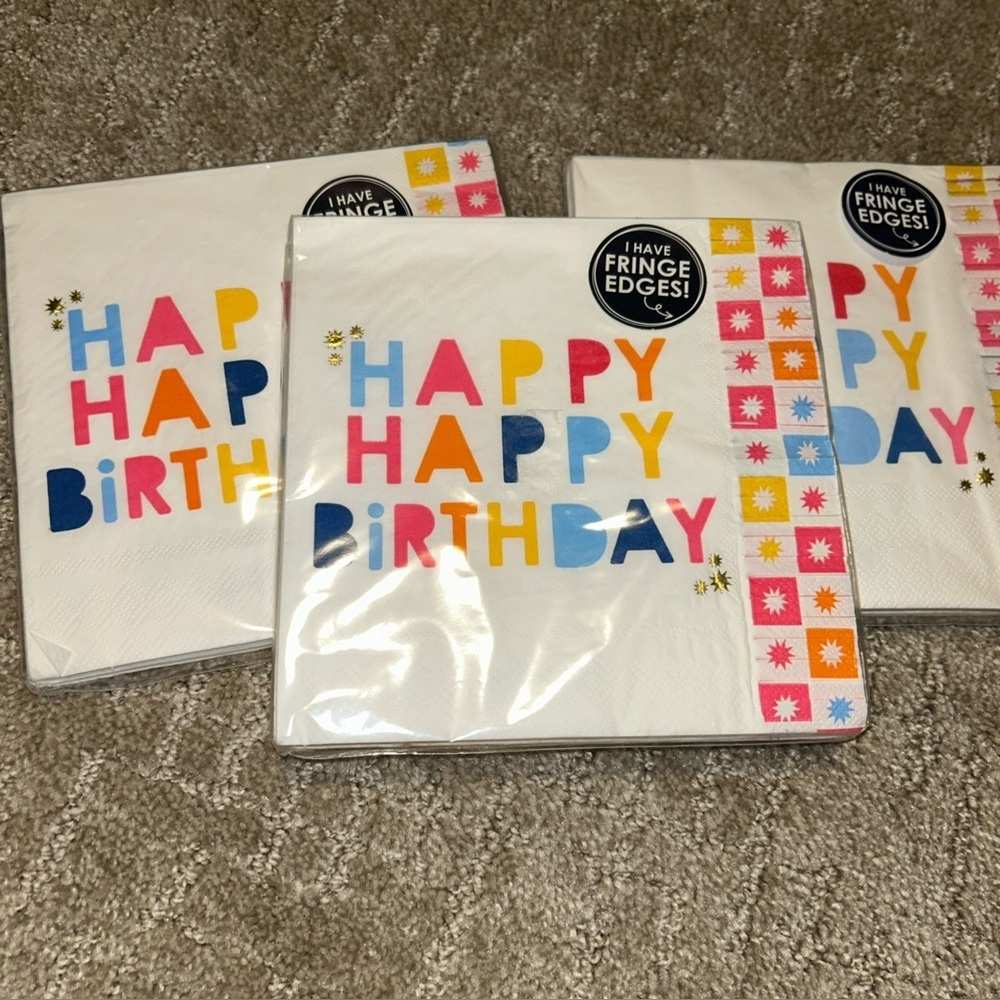 Packed party “Happy happy birthday" 6.5" fringe napkins 20ct (3 Packs)